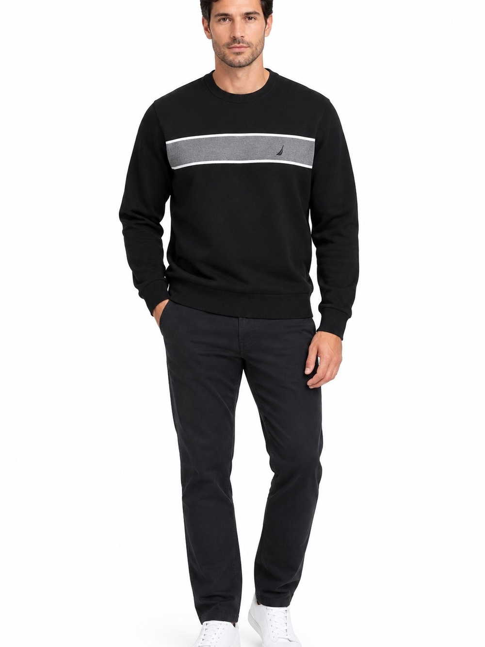 Nautica Black Crewneck Sweater with Gray Chest Stripe
